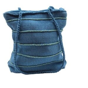 Faded Glory Shoulder Bag Womens Blue Knit Tote Purse Zip Top Braided Strap Beach